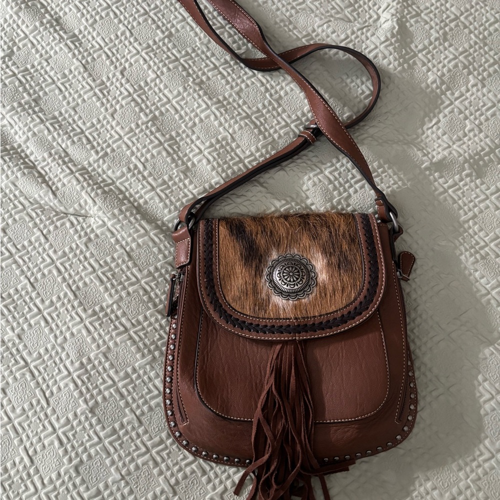 Nocona Conceal Carry Brown Leather Cowhide Crossbody Bag with Fringe